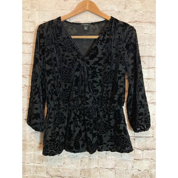 Halogen Babydoll Top Womens Small Petite Black Velvet Burnout Whimsy Goth Floral - Picture 1 of 12
